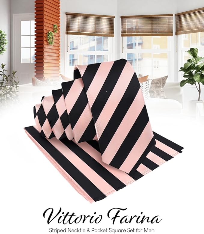 Striped Necktie & Pocket Square by Vittorio Farina (NH - STRIPEE_19_PINK_BLACK) for Independent Retail Stores by Dubal Brothers