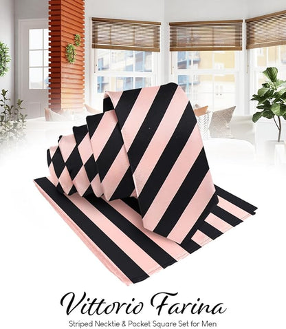 Striped Necktie & Pocket Square by Vittorio Farina (NH - STRIPEE_19_PINK_BLACK) for Independent Retail Stores by Dubal Brothers