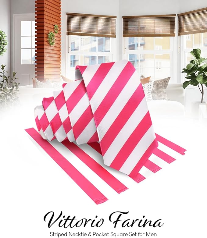 Striped Necktie & Pocket Square by Vittorio Farina (NH - STRIPEE_20_HOT - PINK_WHITE) for Independent Retail Stores by Dubal Brothers