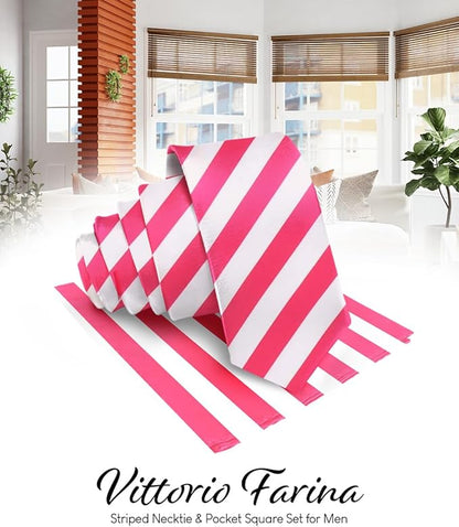 Striped Necktie & Pocket Square by Vittorio Farina (NH - STRIPEE_20_HOT - PINK_WHITE) for Independent Retail Stores by Dubal Brothers