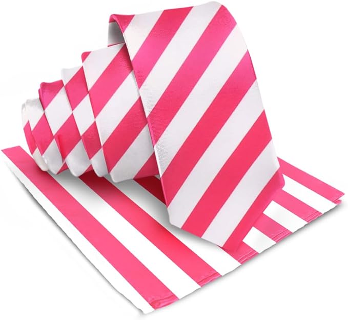 Striped Necktie & Pocket Square by Vittorio Farina (NH - STRIPEE_20_HOT - PINK_WHITE) for Independent Retail Stores by Dubal Brothers