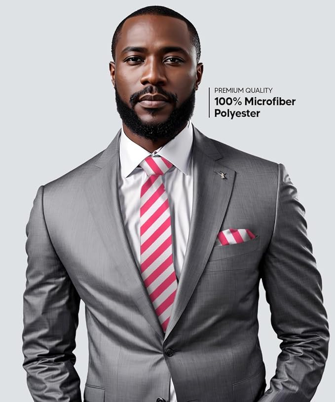 Striped Necktie & Pocket Square by Vittorio Farina (NH - STRIPEE_20_HOT - PINK_WHITE) for Independent Retail Stores by Dubal Brothers