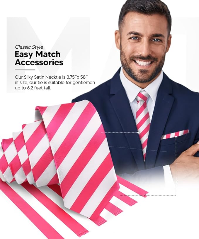 Striped Necktie & Pocket Square by Vittorio Farina (NH - STRIPEE_20_HOT - PINK_WHITE) for Independent Retail Stores by Dubal Brothers