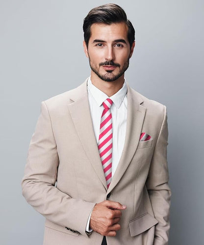 Striped Necktie & Pocket Square by Vittorio Farina (NH - STRIPEE_20_HOT - PINK_WHITE) for Independent Retail Stores by Dubal Brothers