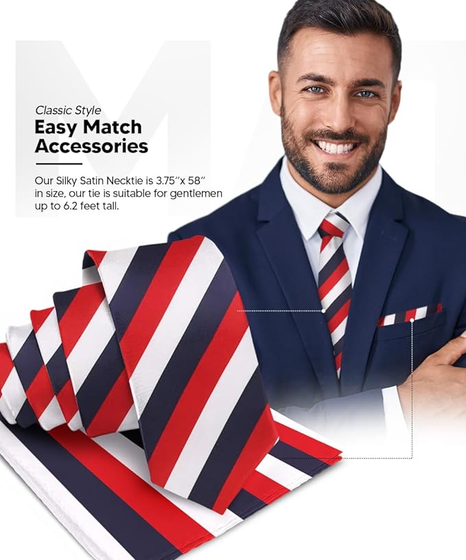 Striped Necktie & Pocket Square by Vittorio Farina (NH - STRIPEE_21_NAVY - RED_WHITE) for Independent Retail Stores by Dubal Brothers