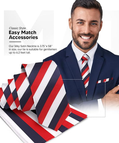 Striped Necktie & Pocket Square by Vittorio Farina (NH - STRIPEE_21_NAVY - RED_WHITE) for Independent Retail Stores by Dubal Brothers