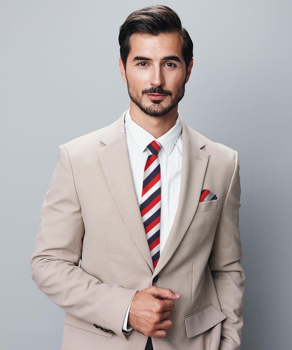 Striped Necktie & Pocket Square by Vittorio Farina (NH - STRIPEE_21_NAVY - RED_WHITE) for Independent Retail Stores by Dubal Brothers