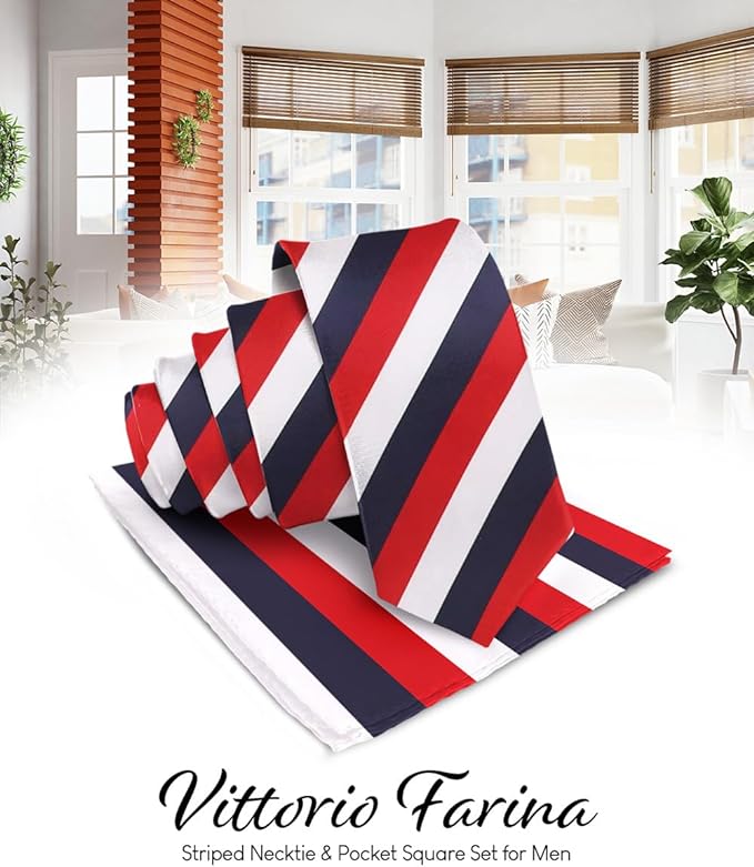 Striped Necktie & Pocket Square by Vittorio Farina (NH - STRIPEE_21_NAVY - RED_WHITE) for Independent Retail Stores by Dubal Brothers