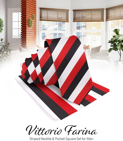 Striped Necktie & Pocket Square by Vittorio Farina (NH - STRIPEE_22_BLACK_WHITE_RED) for Independent Retail Stores by Dubal Brothers