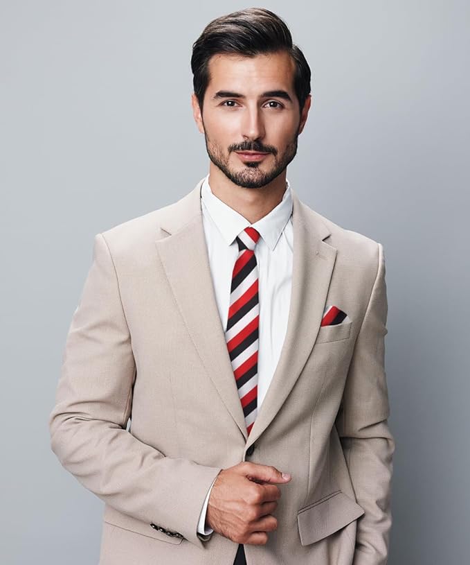 Striped Necktie & Pocket Square by Vittorio Farina (NH - STRIPEE_22_BLACK_WHITE_RED) for Independent Retail Stores by Dubal Brothers