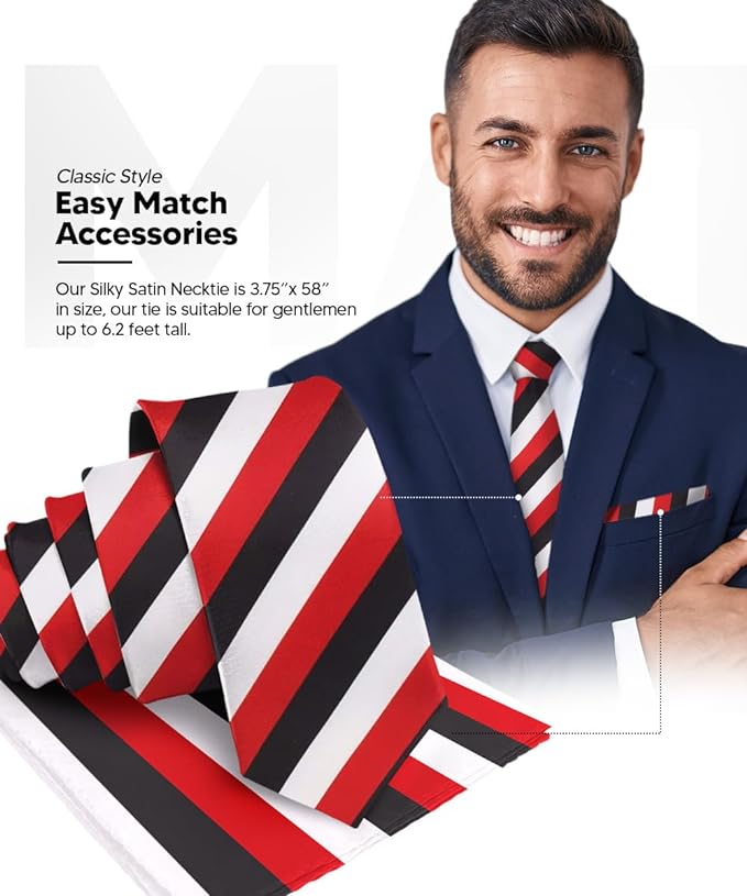 Striped Necktie & Pocket Square by Vittorio Farina (NH - STRIPEE_22_BLACK_WHITE_RED) for Independent Retail Stores by Dubal Brothers