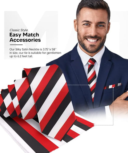 Striped Necktie & Pocket Square by Vittorio Farina (NH - STRIPEE_22_BLACK_WHITE_RED) for Independent Retail Stores by Dubal Brothers