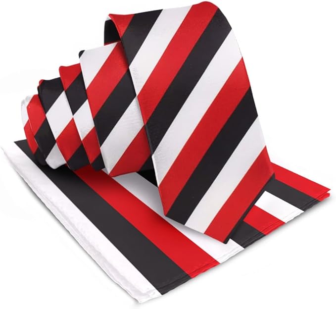 Striped Necktie & Pocket Square by Vittorio Farina (NH - STRIPEE_22_BLACK_WHITE_RED) for Independent Retail Stores by Dubal Brothers