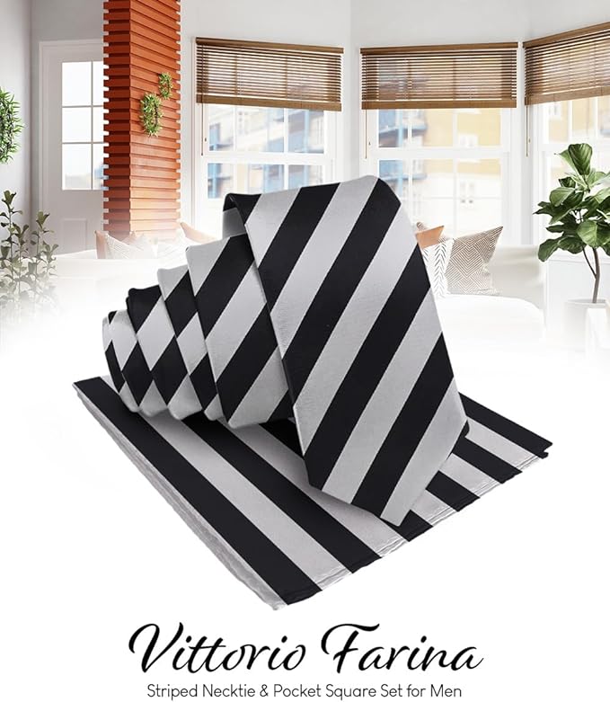 Striped Necktie & Pocket Square by Vittorio Farina (NH - STRIPEE_23_BLACK_GREY) for Independent Retail Stores by Dubal Brothers