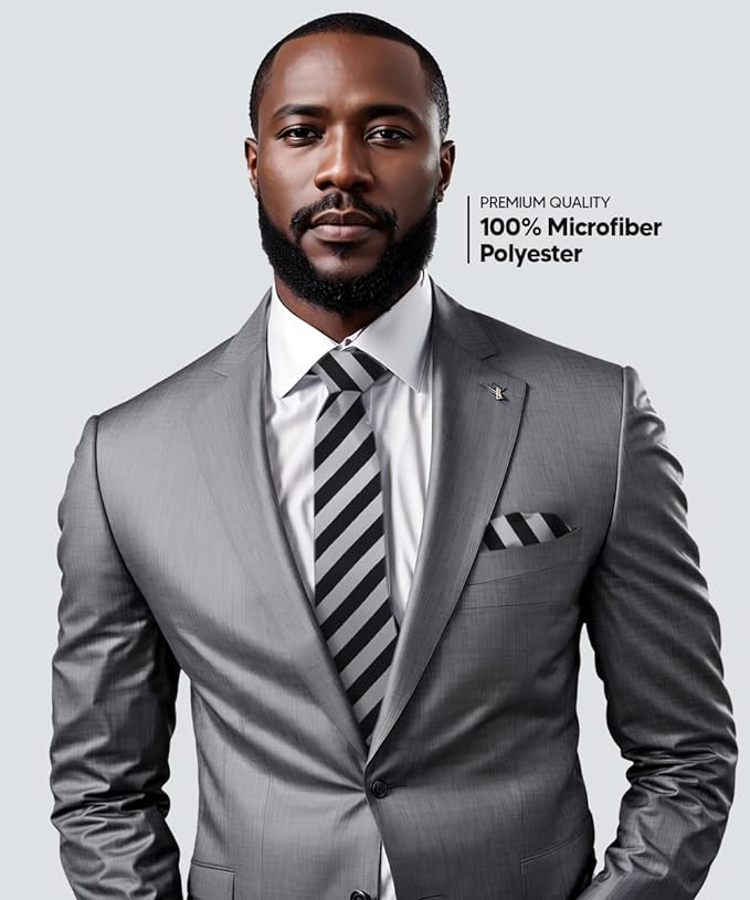 Striped Necktie & Pocket Square by Vittorio Farina (NH - STRIPEE_23_BLACK_GREY) for Independent Retail Stores by Dubal Brothers