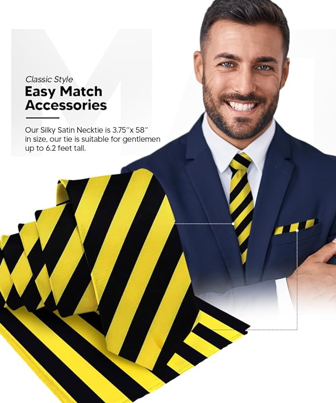 Striped Necktie & Pocket Square by Vittorio Farina (NH - STRIPEE_24_BLACK_YELLOW) for Independent Retail Stores by Dubal Brothers