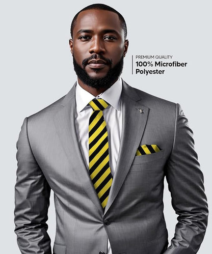 Striped Necktie & Pocket Square by Vittorio Farina (NH - STRIPEE_24_BLACK_YELLOW) for Independent Retail Stores by Dubal Brothers