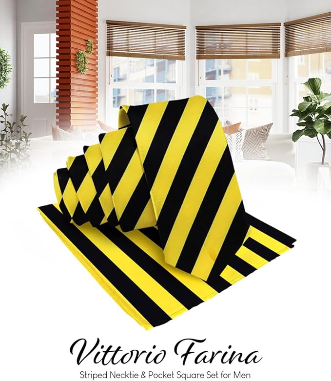 Striped Necktie & Pocket Square by Vittorio Farina (NH - STRIPEE_24_BLACK_YELLOW) for Independent Retail Stores by Dubal Brothers