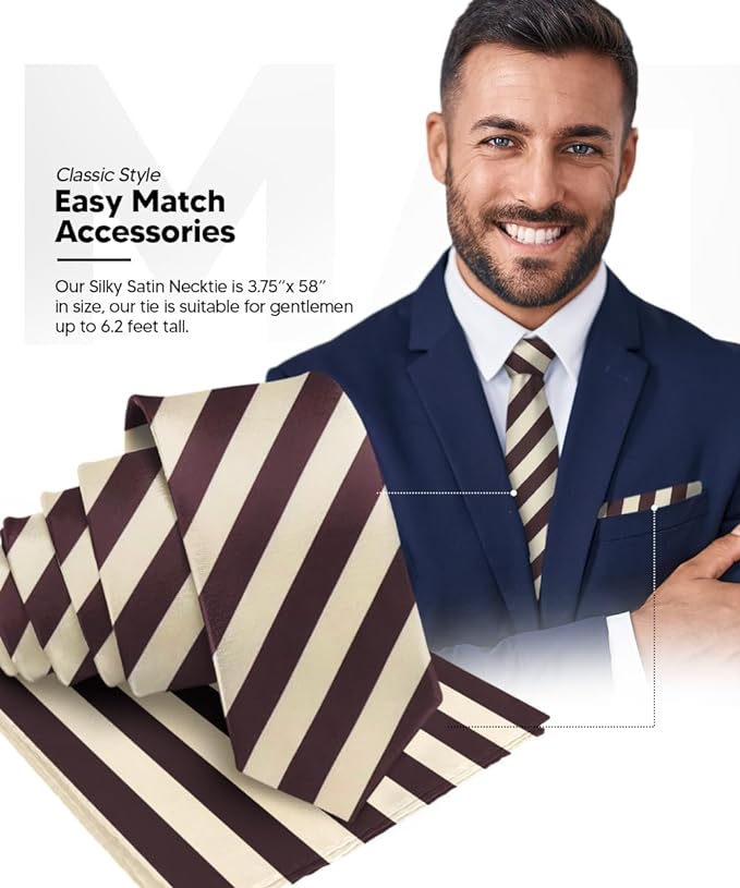 Striped Necktie & Pocket Square by Vittorio Farina (NH - STRIPEE_25_BEIGE_BROWN) for Independent Retail Stores by Dubal Brothers