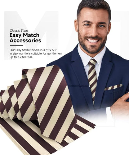 Striped Necktie & Pocket Square by Vittorio Farina (NH - STRIPEE_25_BEIGE_BROWN) for Independent Retail Stores by Dubal Brothers