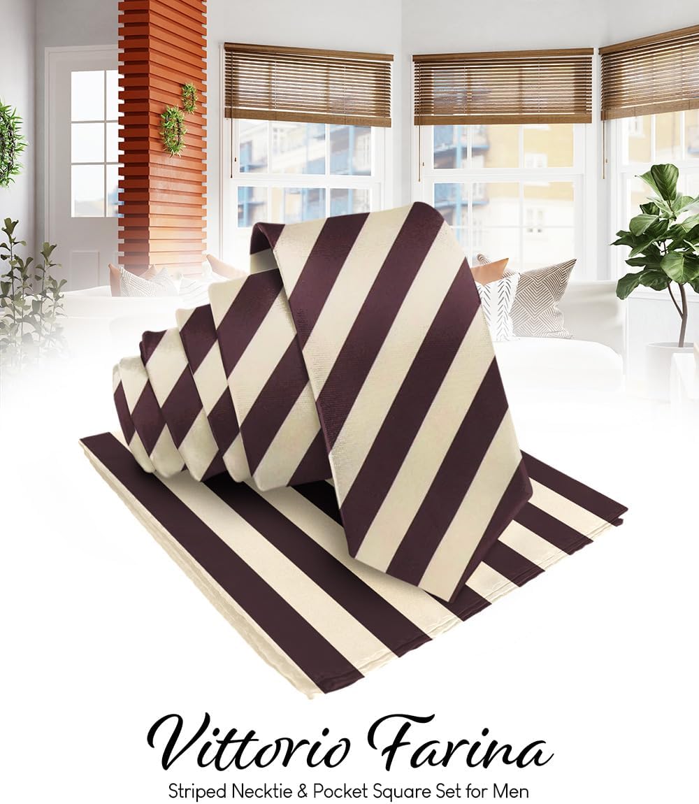Striped Necktie & Pocket Square by Vittorio Farina (NH - STRIPEE_25_BEIGE_BROWN) for Independent Retail Stores by Dubal Brothers