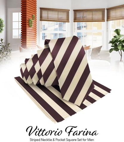 Striped Necktie & Pocket Square by Vittorio Farina (NH - STRIPEE_25_BEIGE_BROWN) for Independent Retail Stores by Dubal Brothers