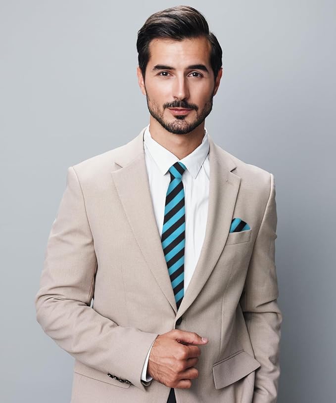 Striped Necktie & Pocket Square by Vittorio Farina (NH - STRIPEE_26_TURQUOISE_BLACK) for Independent Retail Stores by Dubal Brothers