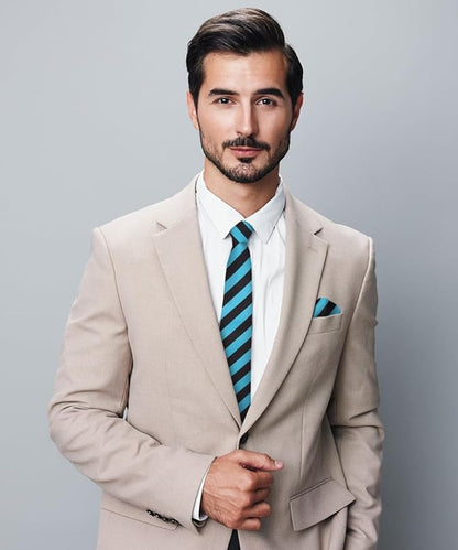 Striped Necktie & Pocket Square by Vittorio Farina (NH - STRIPEE_26_TURQUOISE_BLACK) for Independent Retail Stores by Dubal Brothers