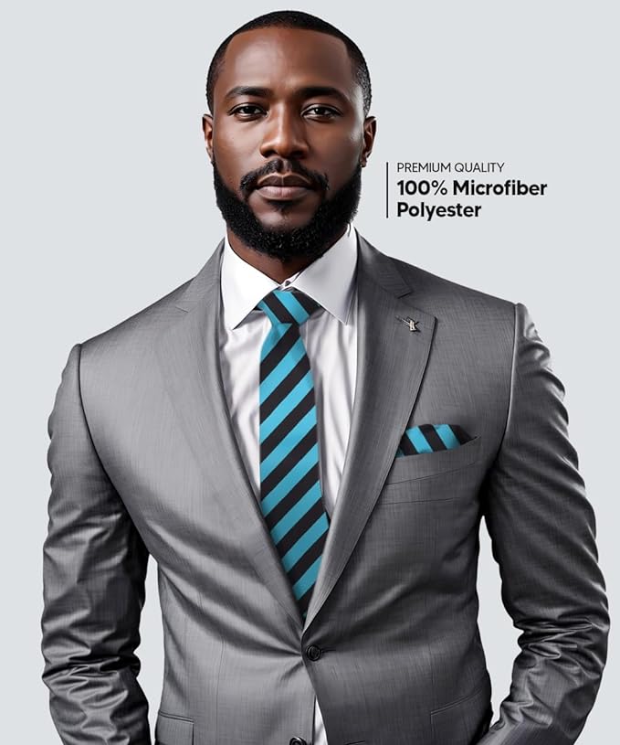 Striped Necktie & Pocket Square by Vittorio Farina (NH - STRIPEE_26_TURQUOISE_BLACK) for Independent Retail Stores by Dubal Brothers