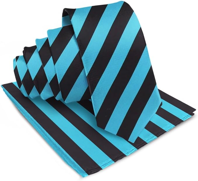 Striped Necktie & Pocket Square by Vittorio Farina (NH - STRIPEE_26_TURQUOISE_BLACK) for Independent Retail Stores by Dubal Brothers