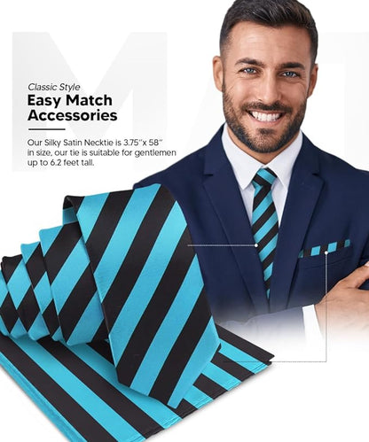 Striped Necktie & Pocket Square by Vittorio Farina (NH - STRIPEE_26_TURQUOISE_BLACK) for Independent Retail Stores by Dubal Brothers