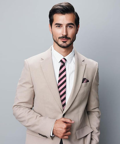 Striped Necktie & Pocket Square by Vittorio Farina (NH - STRIPEE_27_BUBBLEGUM_BLACK) for Independent Retail Stores by Dubal Brothers