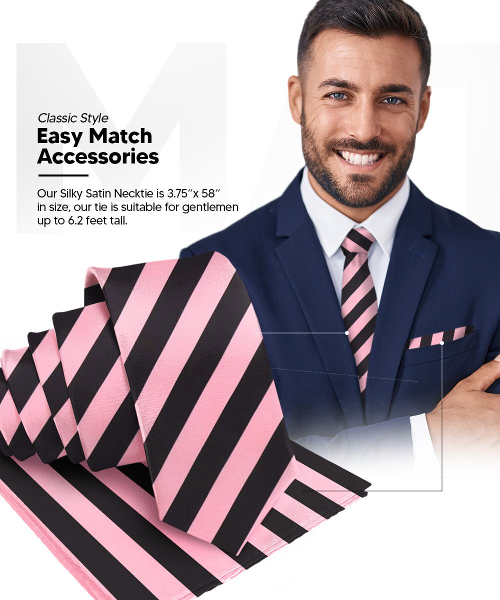 Striped Necktie & Pocket Square by Vittorio Farina (NH - STRIPEE_27_BUBBLEGUM_BLACK) for Independent Retail Stores by Dubal Brothers