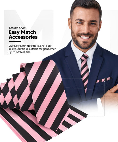 Striped Necktie & Pocket Square by Vittorio Farina (NH - STRIPEE_27_BUBBLEGUM_BLACK) for Independent Retail Stores by Dubal Brothers