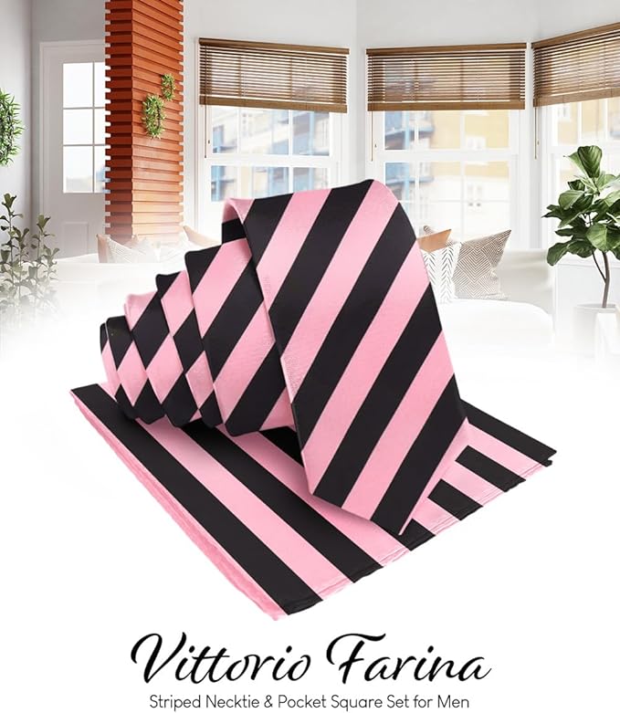 Striped Necktie & Pocket Square by Vittorio Farina (NH - STRIPEE_27_BUBBLEGUM_BLACK) for Independent Retail Stores by Dubal Brothers