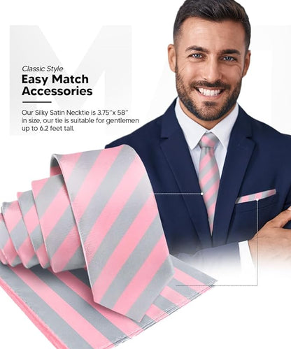 Striped Necktie & Pocket Square by Vittorio Farina (NH - STRIPEE_28_BUBBLEGUM_GREY) for Independent Retail Stores by Dubal Brothers