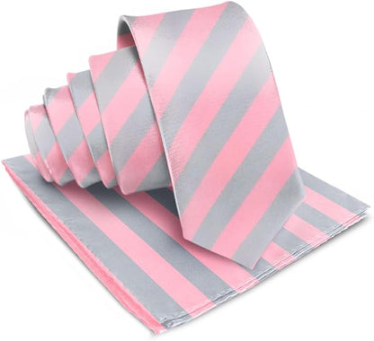Striped Necktie & Pocket Square by Vittorio Farina (NH - STRIPEE_28_BUBBLEGUM_GREY) for Independent Retail Stores by Dubal Brothers