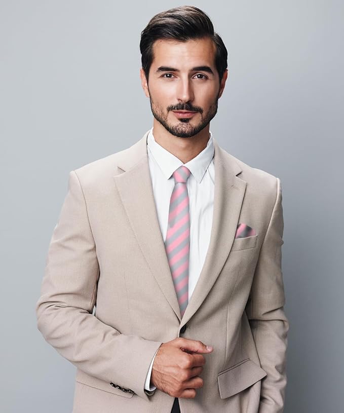 Striped Necktie & Pocket Square by Vittorio Farina (NH - STRIPEE_28_BUBBLEGUM_GREY) for Independent Retail Stores by Dubal Brothers