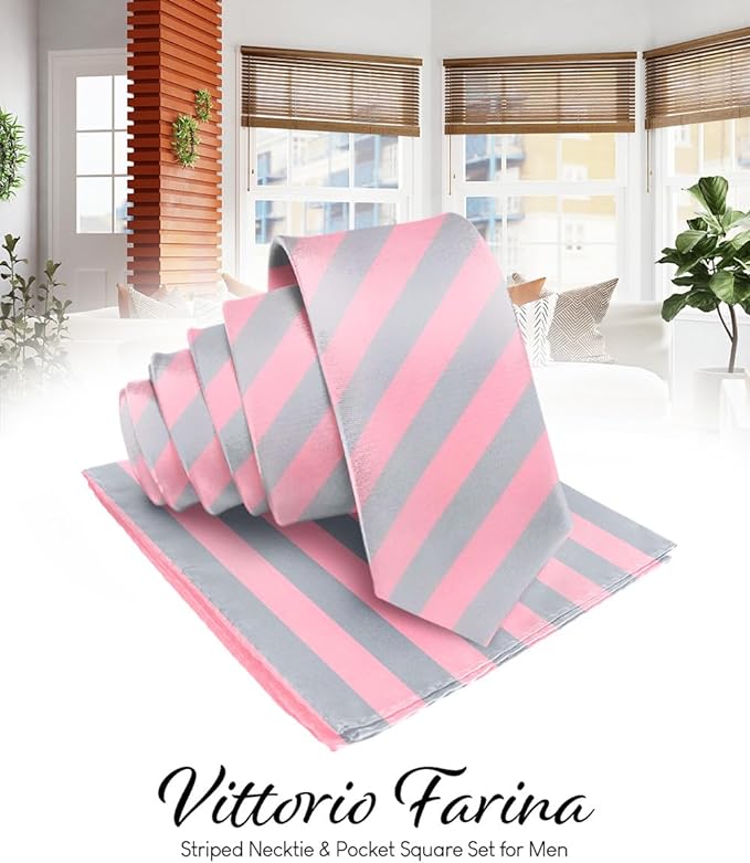 Striped Necktie & Pocket Square by Vittorio Farina (NH - STRIPEE_28_BUBBLEGUM_GREY) for Independent Retail Stores by Dubal Brothers