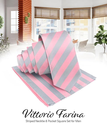 Striped Necktie & Pocket Square by Vittorio Farina (NH - STRIPEE_28_BUBBLEGUM_GREY) for Independent Retail Stores by Dubal Brothers