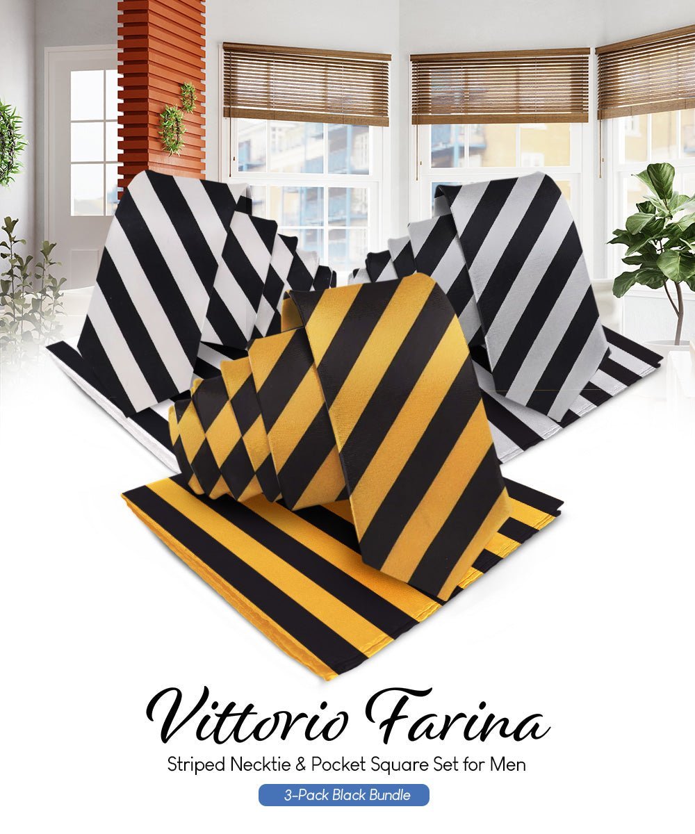 Striped Necktie & Pocket Square (Multipacks) by Vittorio Farina - Black and White/Black and Gold/Black and Gray - Wholesale Necktie & Pocket Square by Dubal Brothers