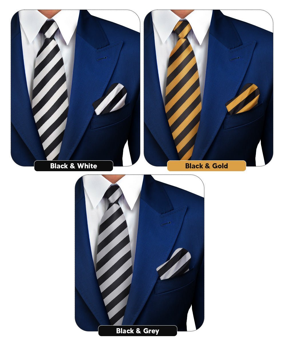 Striped Necktie & Pocket Square (Multipacks) by Vittorio Farina - Black and White/Black and Gold/Black and Gray - Wholesale Necktie & Pocket Square by Dubal Brothers