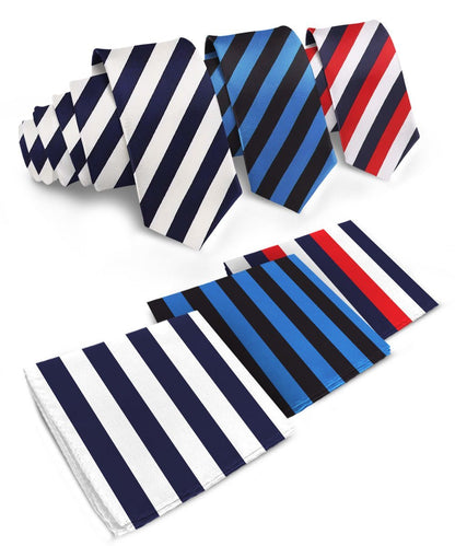 Striped Necktie & Pocket Square (Multipacks) by Vittorio Farina - Navy Blue and White/Royal Blue and Black/Navy Blue, Red and White - Wholesale Necktie & Pocket Square by Dubal Brothers