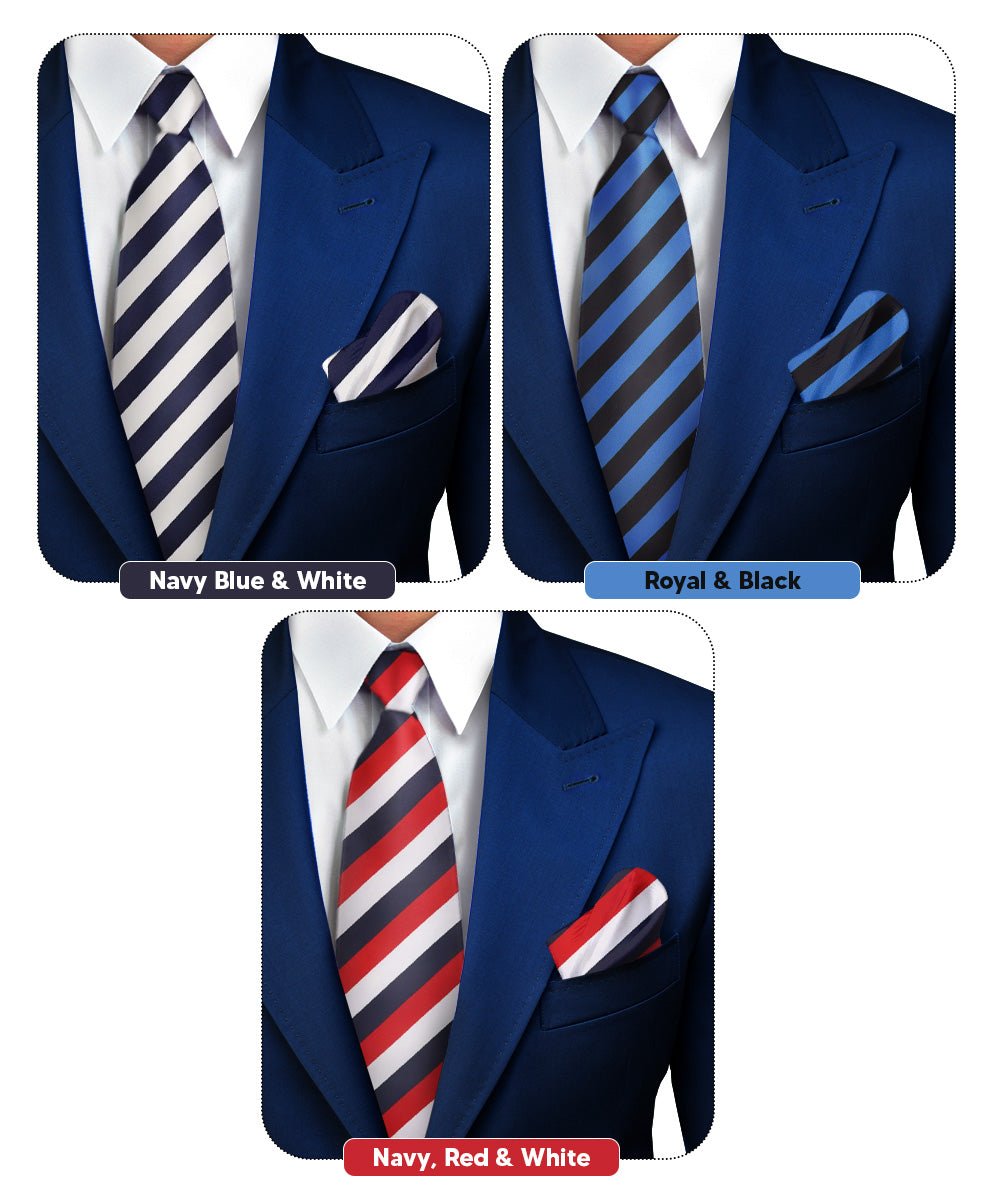 Striped Necktie & Pocket Square (Multipacks) by Vittorio Farina - Navy Blue and White/Royal Blue and Black/Navy Blue, Red and White - Wholesale Necktie & Pocket Square by Dubal Brothers