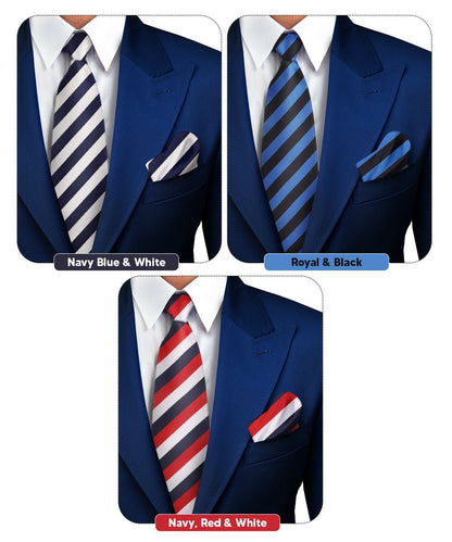 Striped Necktie & Pocket Square (Multipacks) by Vittorio Farina - Navy Blue and White/Royal Blue and Black/Navy Blue, Red and White - Wholesale Necktie & Pocket Square by Dubal Brothers