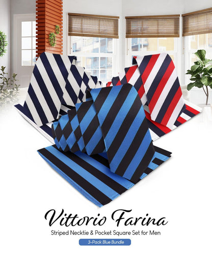 Striped Necktie & Pocket Square (Multipacks) by Vittorio Farina - Navy Blue and White/Royal Blue and Black/Navy Blue, Red and White - Wholesale Necktie & Pocket Square by Dubal Brothers