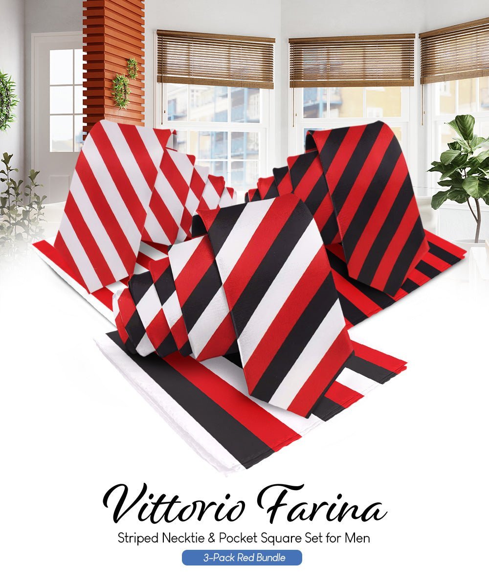 Striped Necktie & Pocket Square (Multipacks) by Vittorio Farina - Red and White/Red and Black/Red, Black and White - Wholesale Necktie & Pocket Square by Dubal Brothers