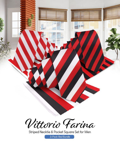 Striped Necktie & Pocket Square (Multipacks) by Vittorio Farina - Red and White/Red and Black/Red, Black and White - Wholesale Necktie & Pocket Square by Dubal Brothers