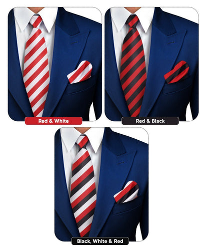Striped Necktie & Pocket Square (Multipacks) by Vittorio Farina - Red and White/Red and Black/Red, Black and White - Wholesale Necktie & Pocket Square by Dubal Brothers