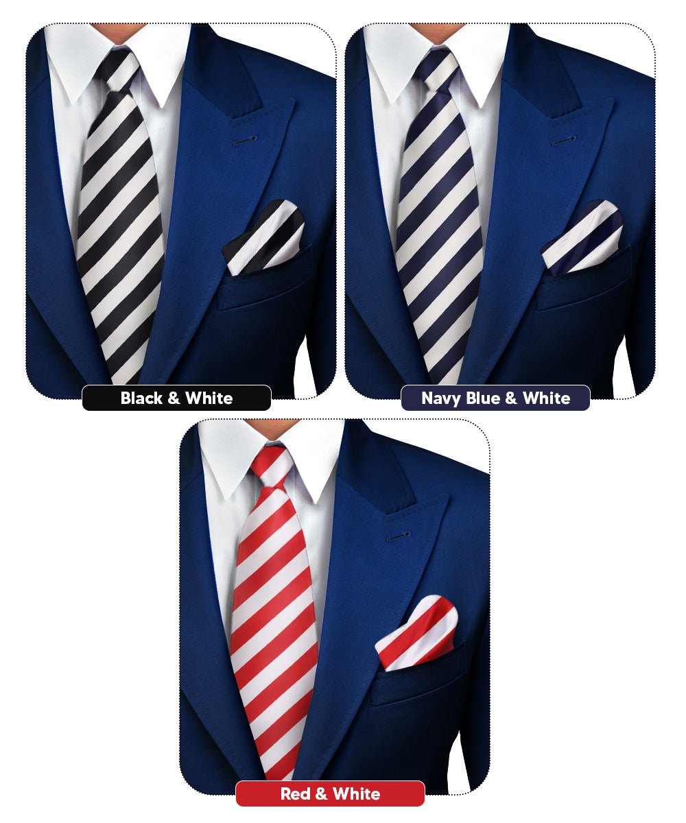 Striped Necktie & Pocket Square (Multipacks) by Vittorio Farina - White and Black/White and Navy Blue/White and Red - Wholesale Necktie & Pocket Square by Dubal Brothers